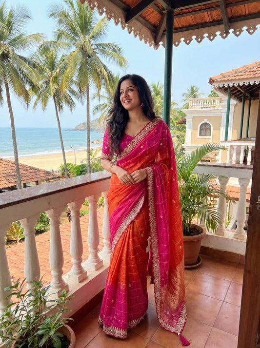 Premium Chinnon Viscose Saree – Hand Dyed Zari Checks with Sequins Border & Tassels
