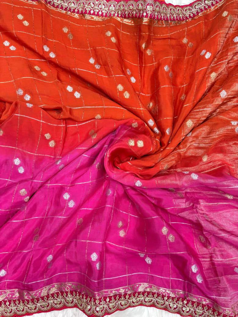 Premium Chinnon Viscose Saree – Hand Dyed Zari Checks with Sequins Border & Tassels
