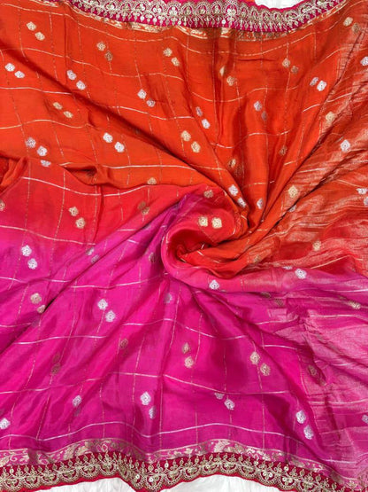 Premium Chinnon Viscose Saree – Hand Dyed Zari Checks with Sequins Border & Tassels