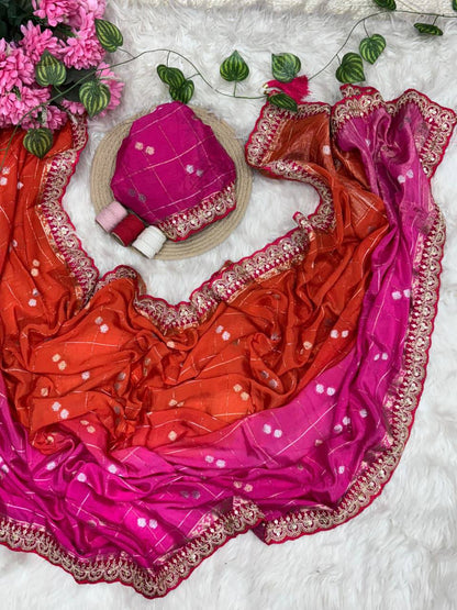 Premium Chinnon Viscose Saree – Hand Dyed Zari Checks with Sequins Border & Tassels