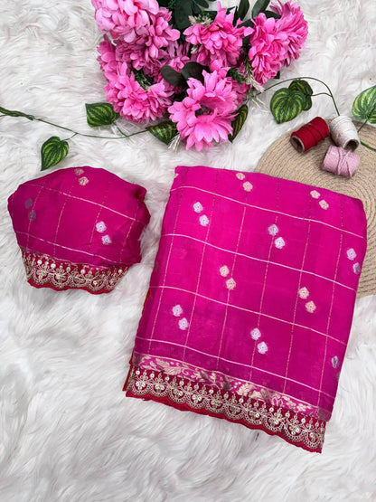 Premium Chinnon Viscose Saree – Hand Dyed Zari Checks with Sequins Border & Tassels