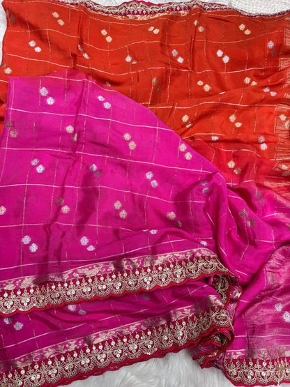 Premium Chinnon Viscose Saree – Hand Dyed Zari Checks with Sequins Border & Tassels