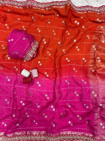 Premium Chinnon Viscose Saree – Hand Dyed Zari Checks with Sequins Border & Tassels