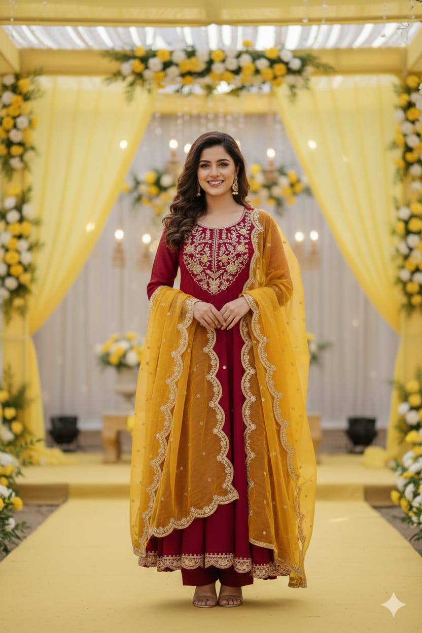 Premium Heavy Roman Silk Anarkali Suit Set – Boutique Embroidery