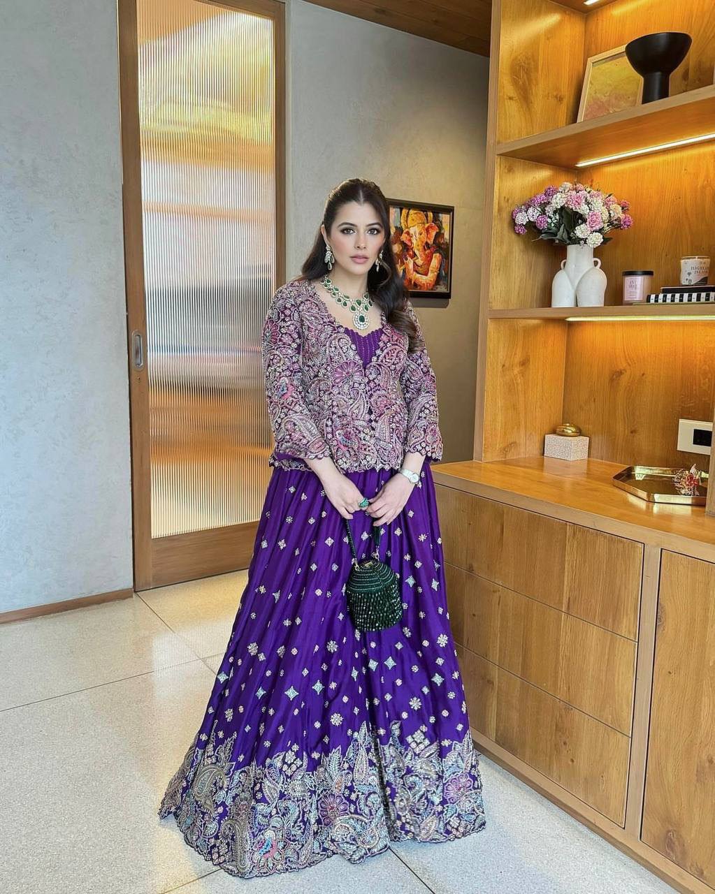 Premium Chinon Silk Gown with Koti – Thread & Zari Embroidery