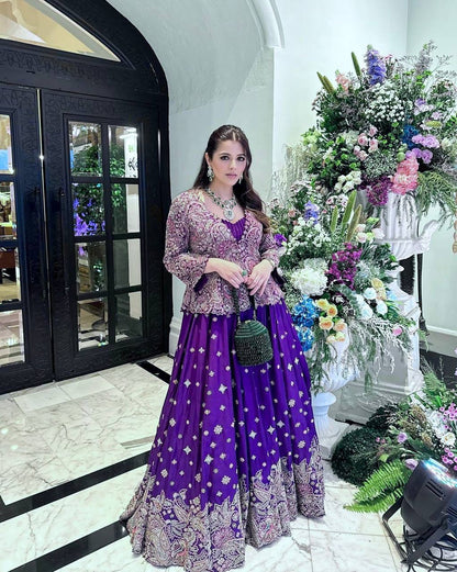 Premium Chinon Silk Gown with Koti – Thread & Zari Embroidery