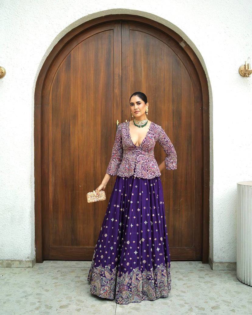 Premium Chinon Silk Gown with Koti – Thread & Zari Embroidery
