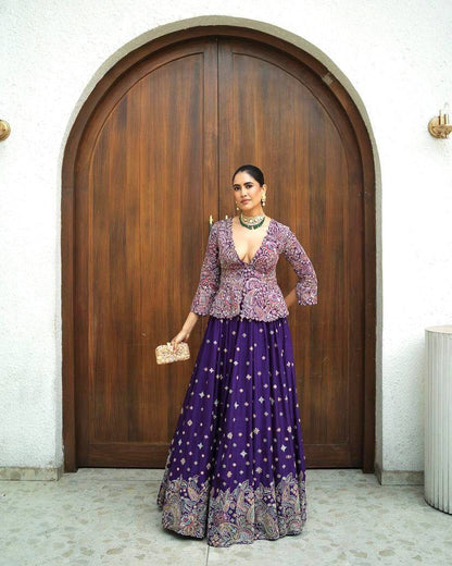 Premium Chinon Silk Gown with Koti – Thread & Zari Embroidery