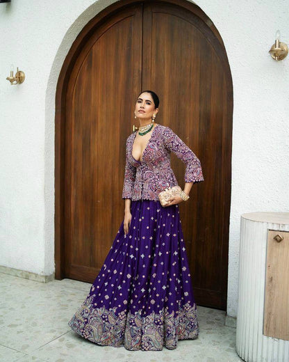 Premium Chinon Silk Gown with Koti – Thread & Zari Embroidery
