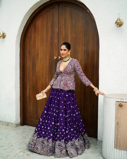 Premium Chinon Silk Gown with Koti – Thread & Zari Embroidery