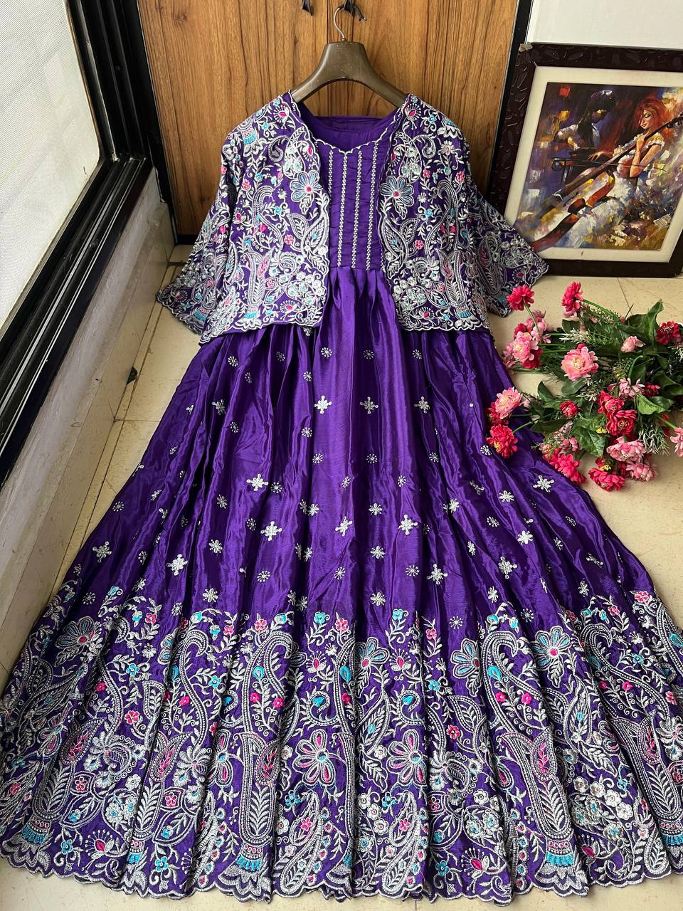 Premium Chinon Silk Gown with Koti – Thread & Zari Embroidery
