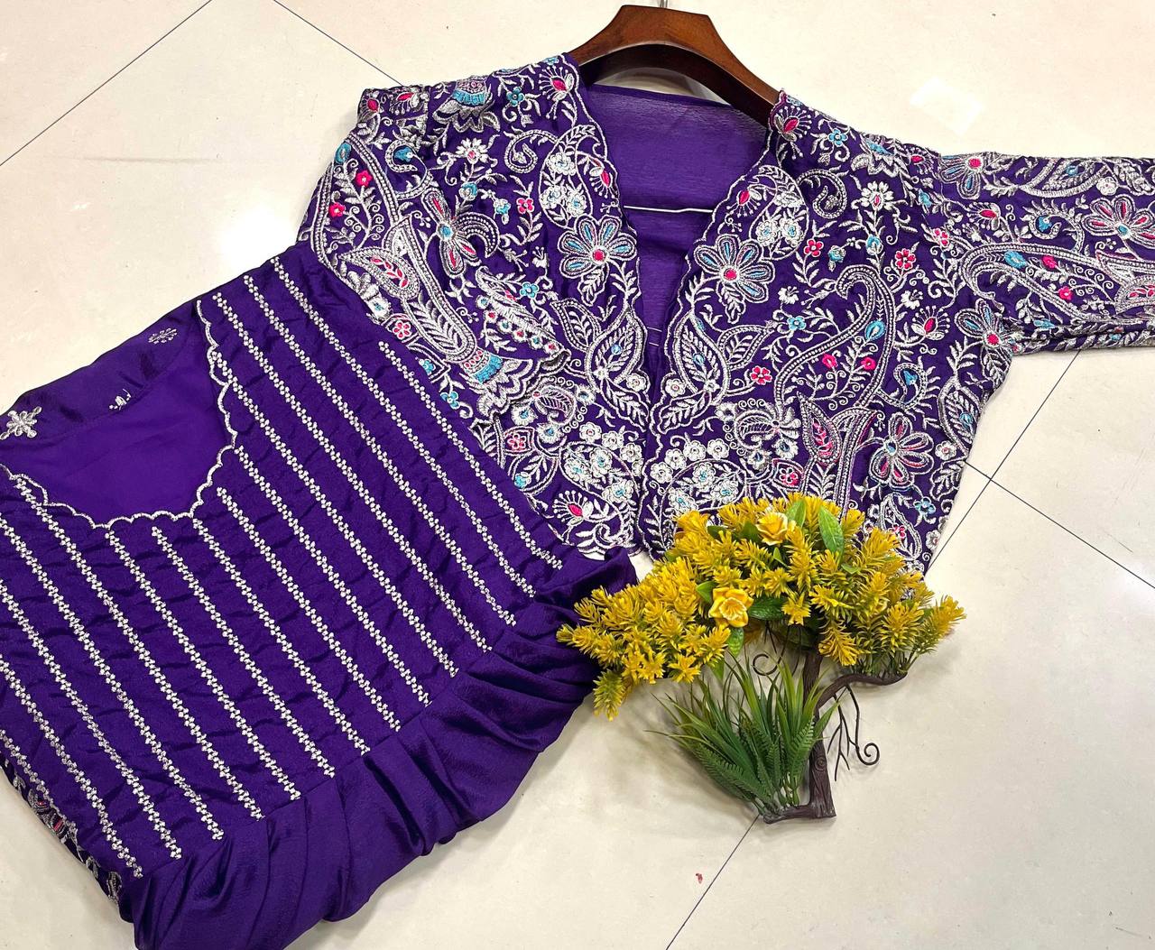 Premium Chinon Silk Gown with Koti – Thread & Zari Embroidery