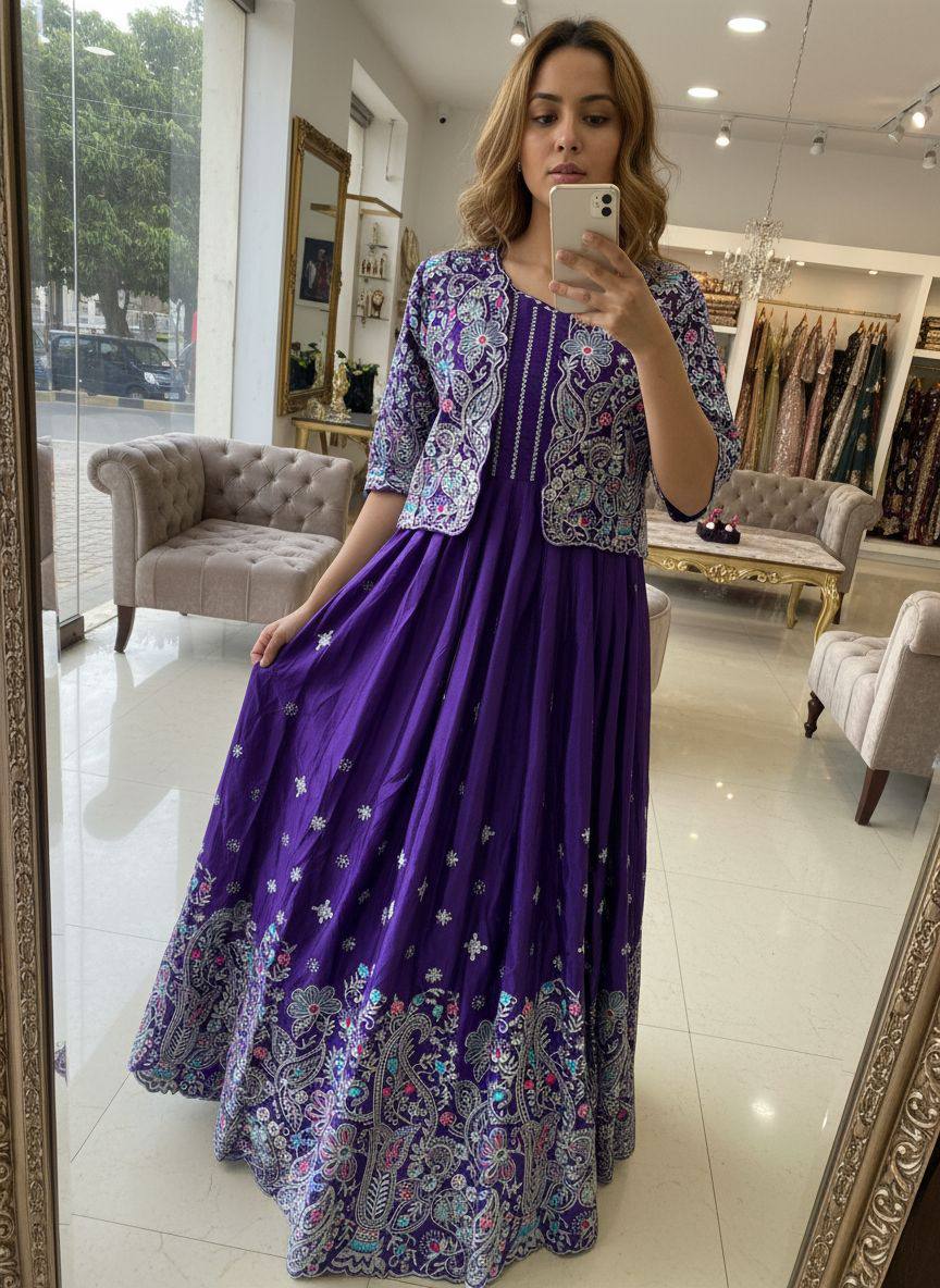 Premium Chinon Silk Gown with Koti – Thread & Zari Embroidery