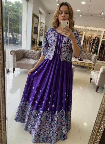 Premium Chinon Silk Gown with Koti – Thread & Zari Embroidery