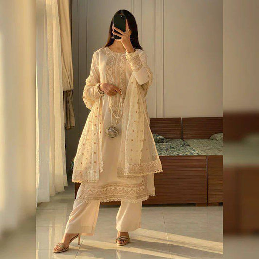 Premium Roman Silk Top, Pant & Dupatta – Sequins Embroidery
