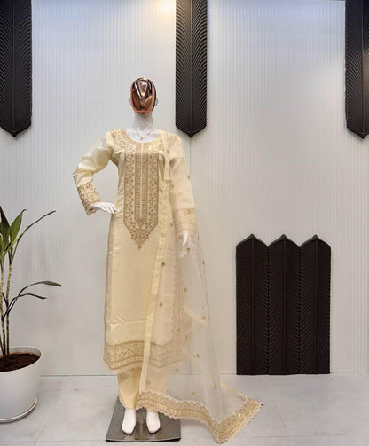 Premium Roman Silk Top, Pant & Dupatta – Sequins Embroidery