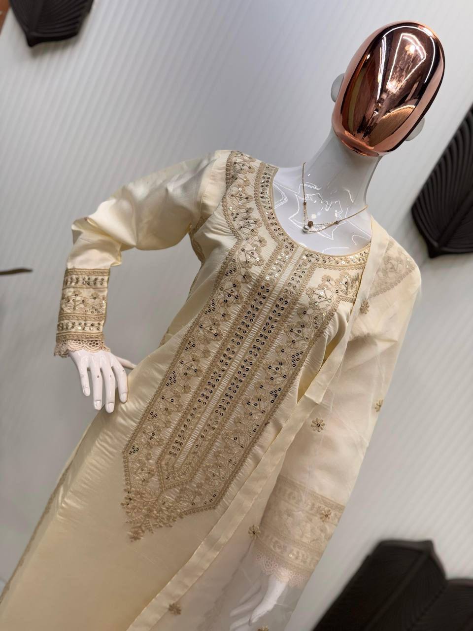 Premium Roman Silk Top, Pant & Dupatta – Sequins Embroidery
