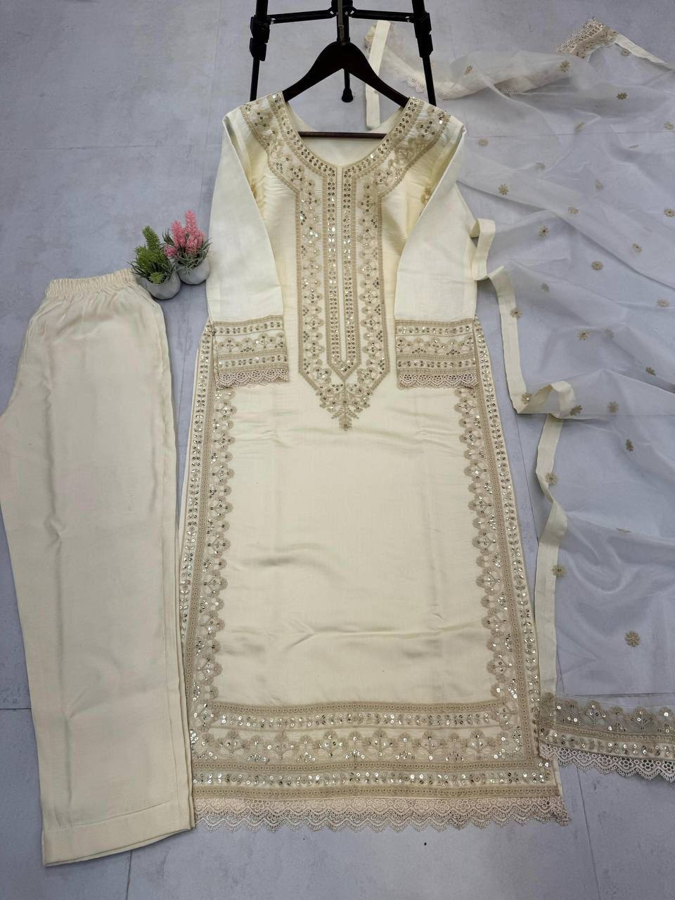 Premium Roman Silk Top, Pant & Dupatta – Sequins Embroidery