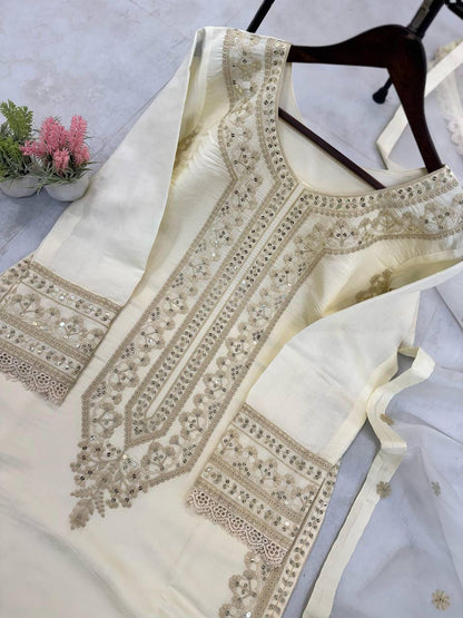 Premium Roman Silk Top, Pant & Dupatta – Sequins Embroidery