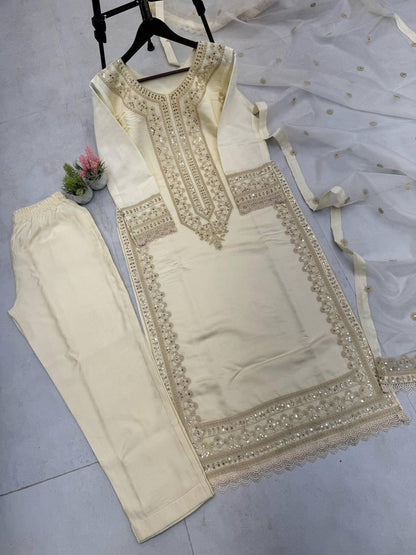 Premium Roman Silk Top, Pant & Dupatta – Sequins Embroidery
