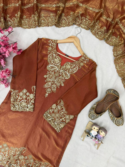 Premium Frendy Silk Kurti, Plazzo & Dupatta – Sequins & Zari Embroidery