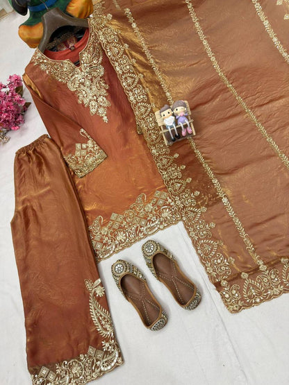 Premium Frendy Silk Kurti, Plazzo & Dupatta – Sequins & Zari Embroidery
