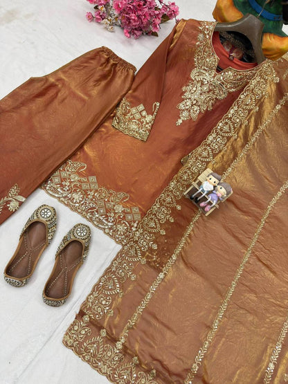 Premium Frendy Silk Kurti, Plazzo & Dupatta – Sequins & Zari Embroidery
