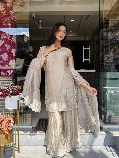 Premium Tissue Silk Top, Palazzo & Dupatta – Sequins Embroidery