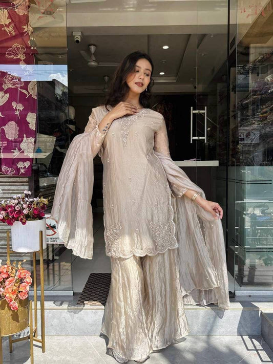 Premium Tissue Silk Top, Palazzo & Dupatta – Sequins Embroidery