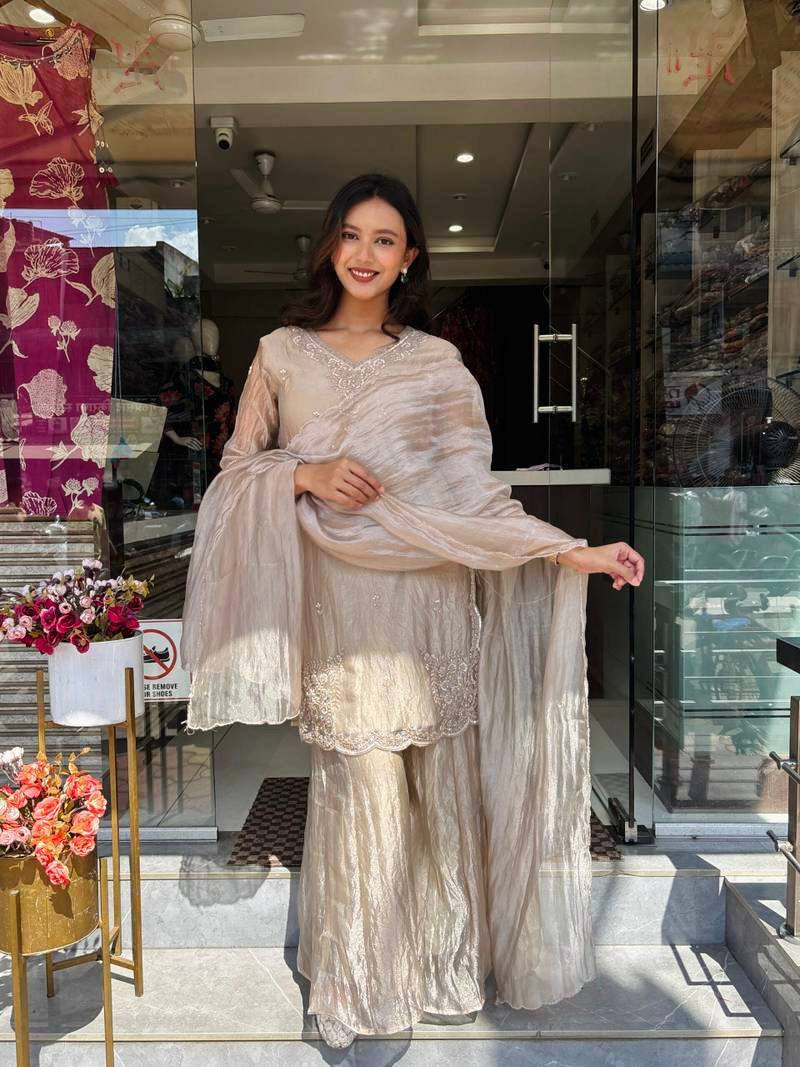Premium Tissue Silk Top, Palazzo & Dupatta – Sequins Embroidery