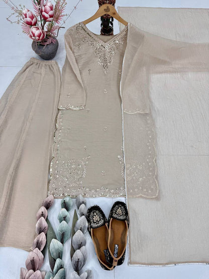Premium Tissue Silk Top, Palazzo & Dupatta – Sequins Embroidery