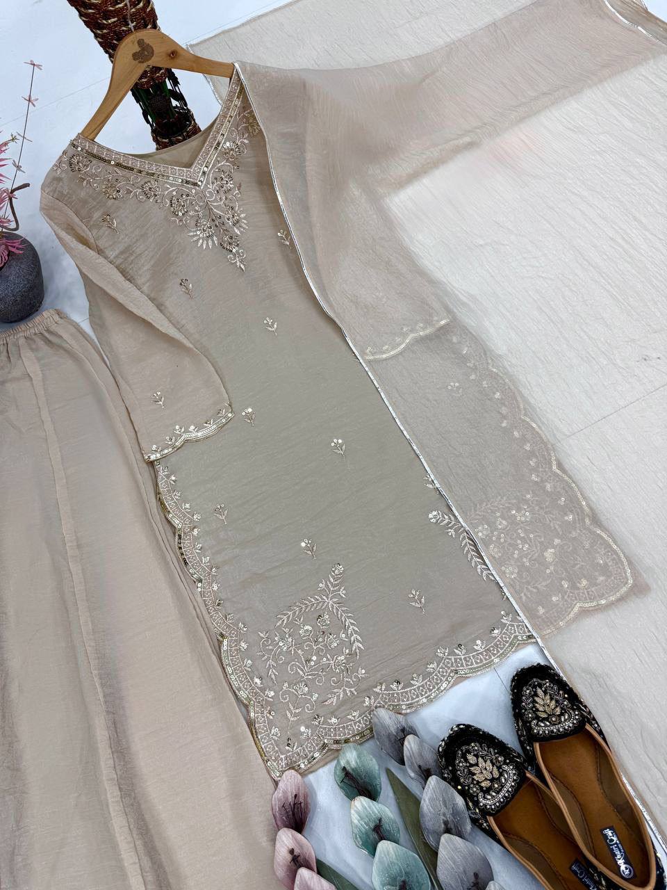 Premium Tissue Silk Top, Palazzo & Dupatta – Sequins Embroidery