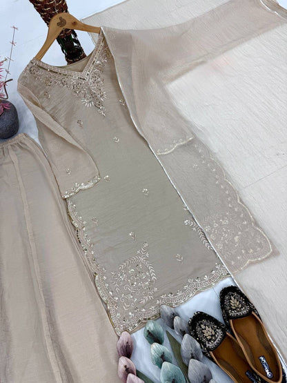 Premium Tissue Silk Top, Palazzo & Dupatta – Sequins Embroidery