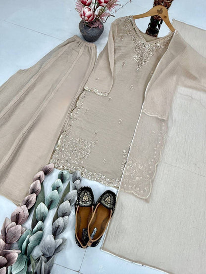 Premium Tissue Silk Top, Palazzo & Dupatta – Sequins Embroidery