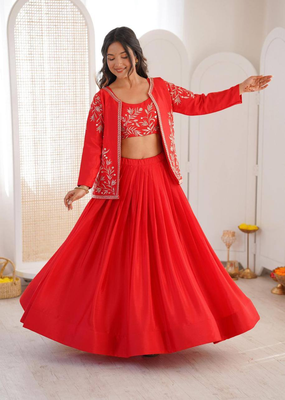 Premium Chinon Silk Lehenga, Choli & Koti – Thread & Sequins Embroidery