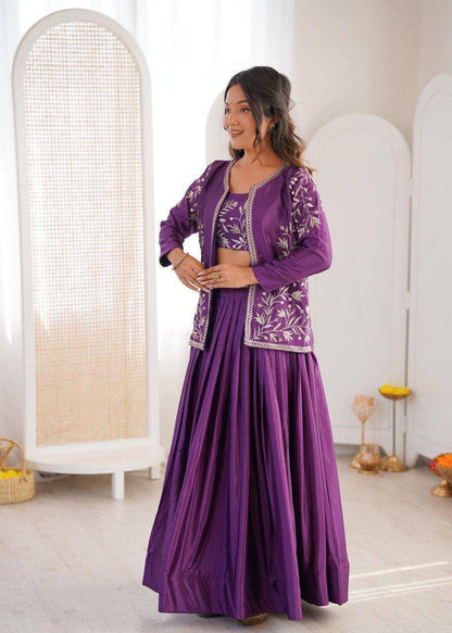 Premium Chinon Silk Lehenga, Choli & Koti – Thread & Sequins Embroidery