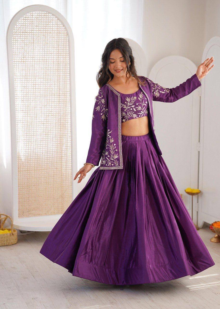 Premium Chinon Silk Lehenga, Choli & Koti – Thread & Sequins Embroidery
