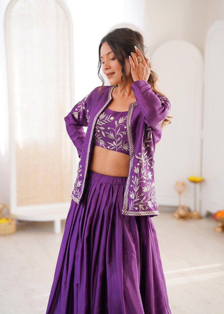 Premium Chinon Silk Lehenga, Choli & Koti – Thread & Sequins Embroidery