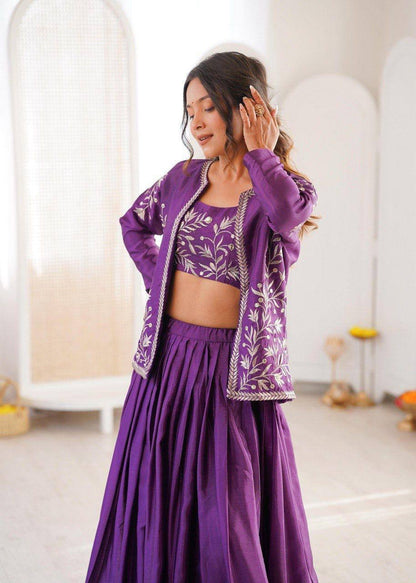 Premium Chinon Silk Lehenga, Choli & Koti – Thread & Sequins Embroidery