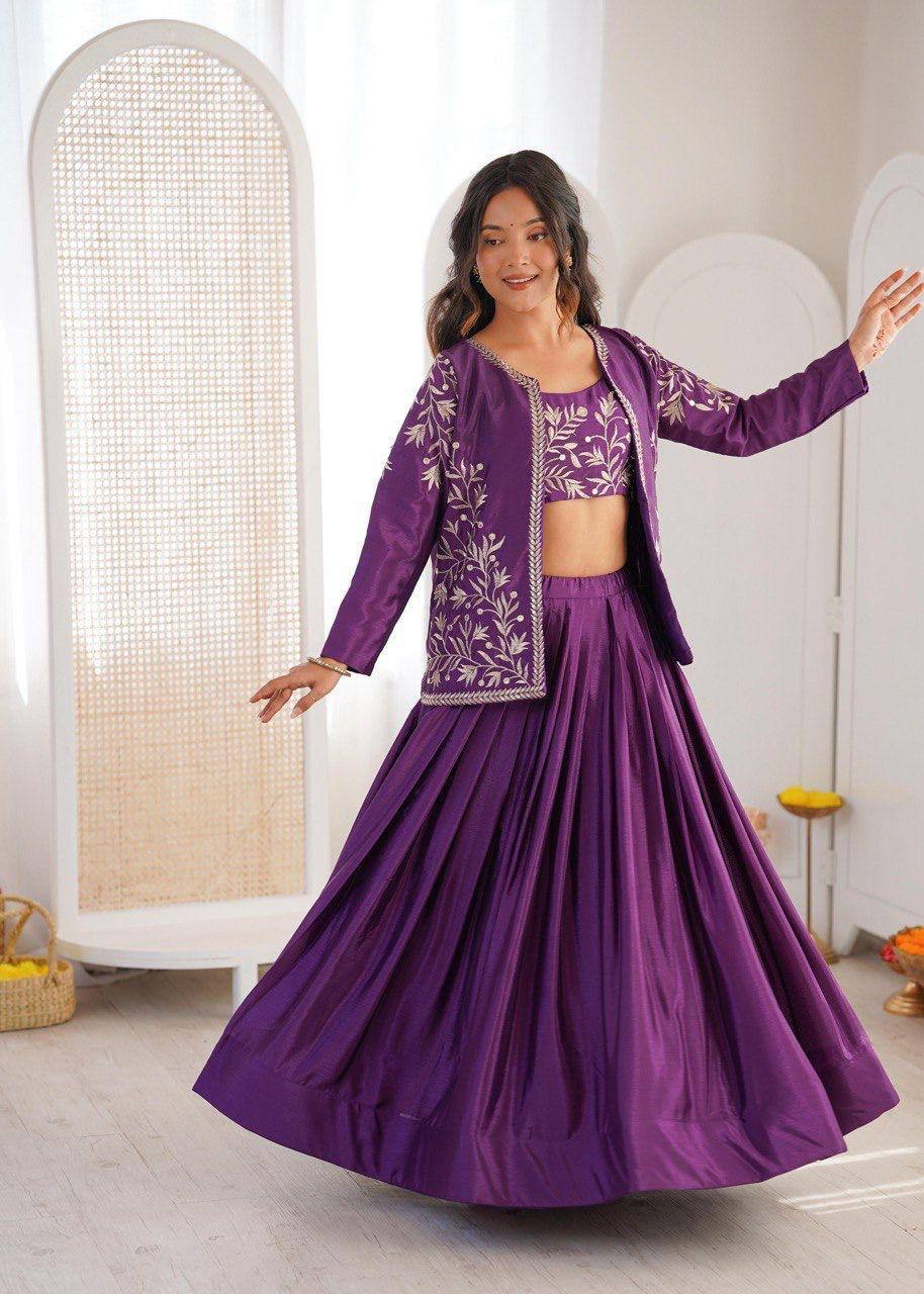 Premium Chinon Silk Lehenga, Choli & Koti – Thread & Sequins Embroidery