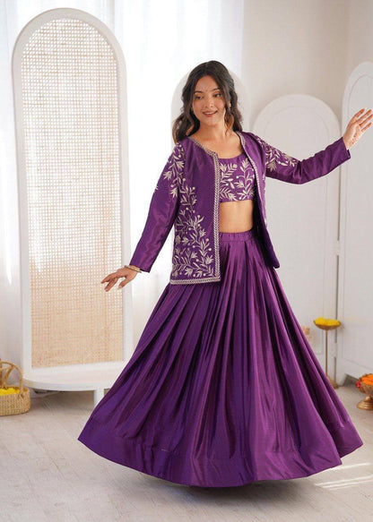 Premium Chinon Silk Lehenga, Choli & Koti – Thread & Sequins Embroidery