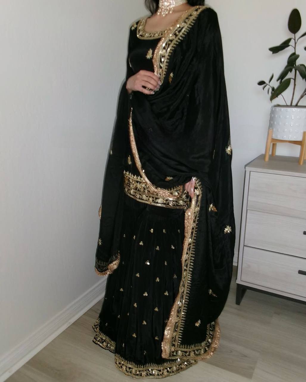 Premium Natural Crepe Top, Sharara Plazzo & Dupatta