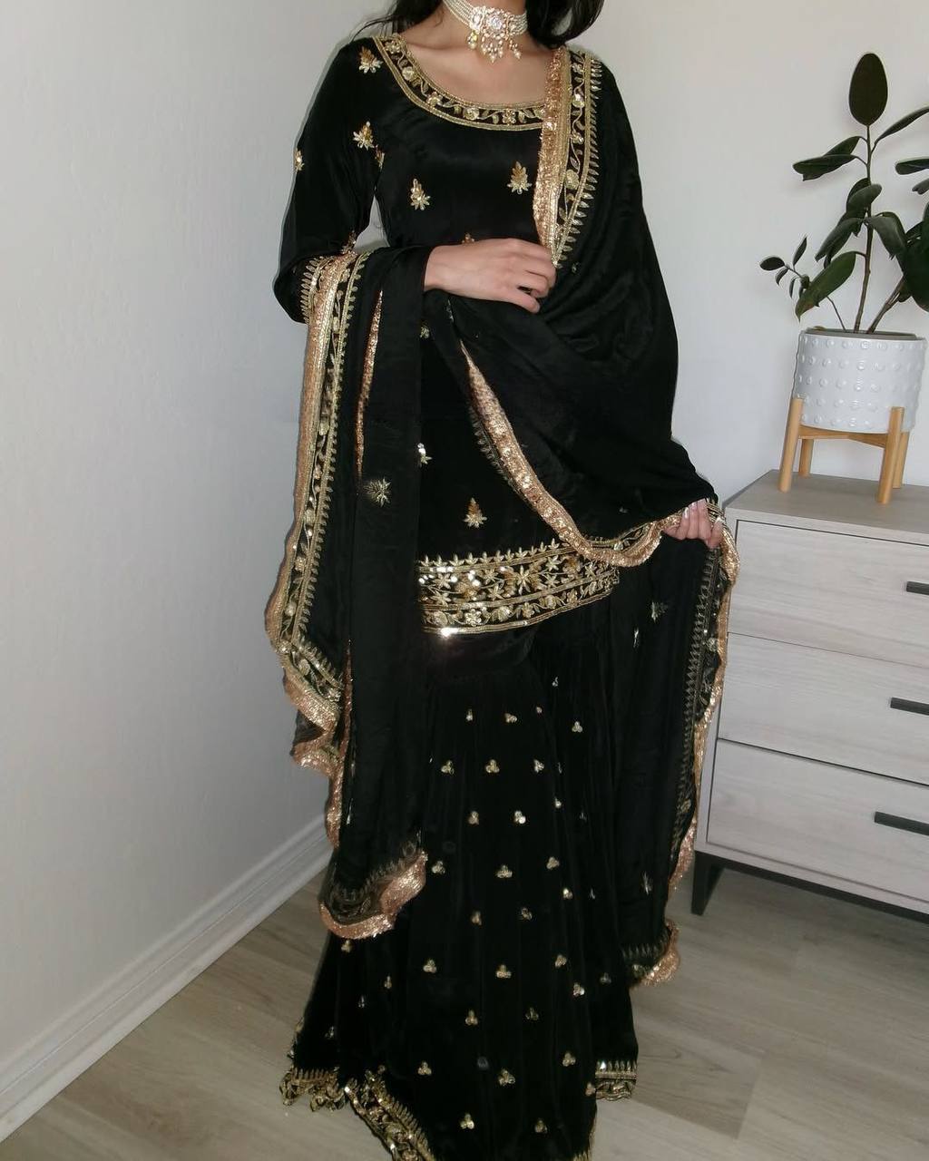 Premium Natural Crepe Top, Sharara Plazzo & Dupatta