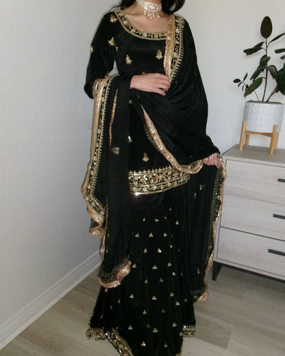 Premium Natural Crepe Top, Sharara Plazzo & Dupatta