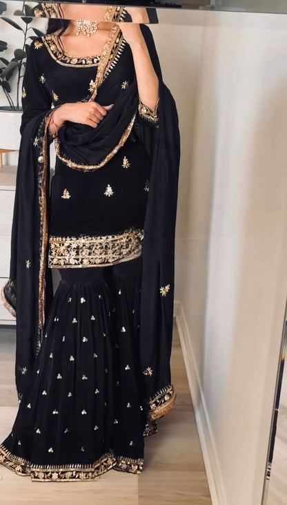 Premium Natural Crepe Top, Sharara Plazzo & Dupatta