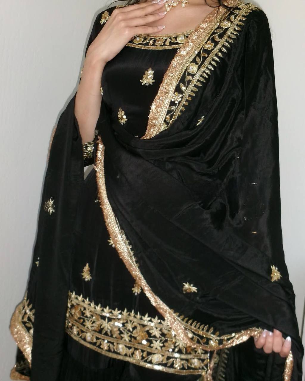 Premium Natural Crepe Top, Sharara Plazzo & Dupatta