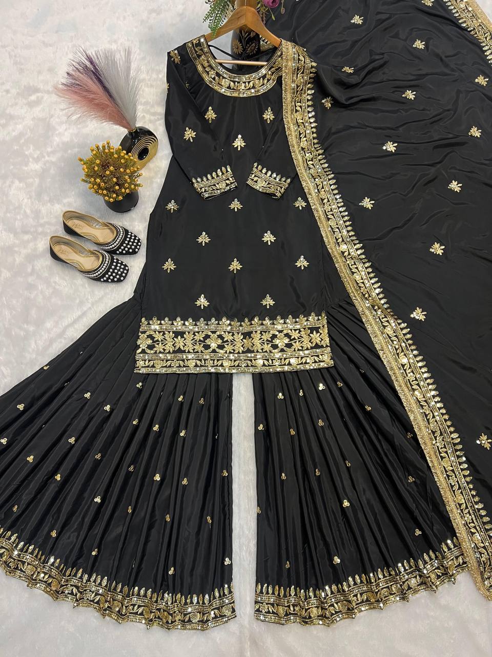 Premium Natural Crepe Top, Sharara Plazzo & Dupatta