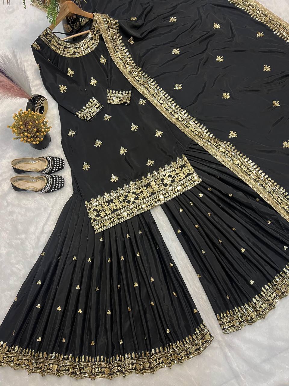 Premium Natural Crepe Top, Sharara Plazzo & Dupatta