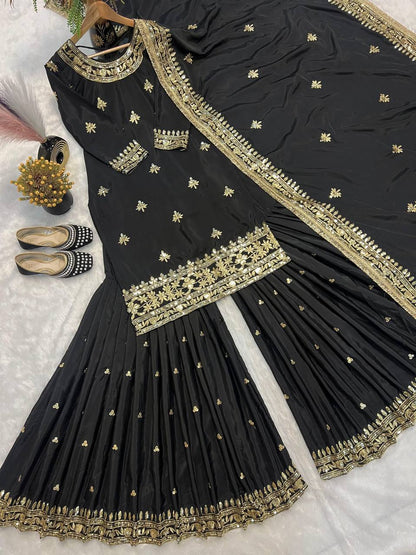 Premium Natural Crepe Top, Sharara Plazzo & Dupatta