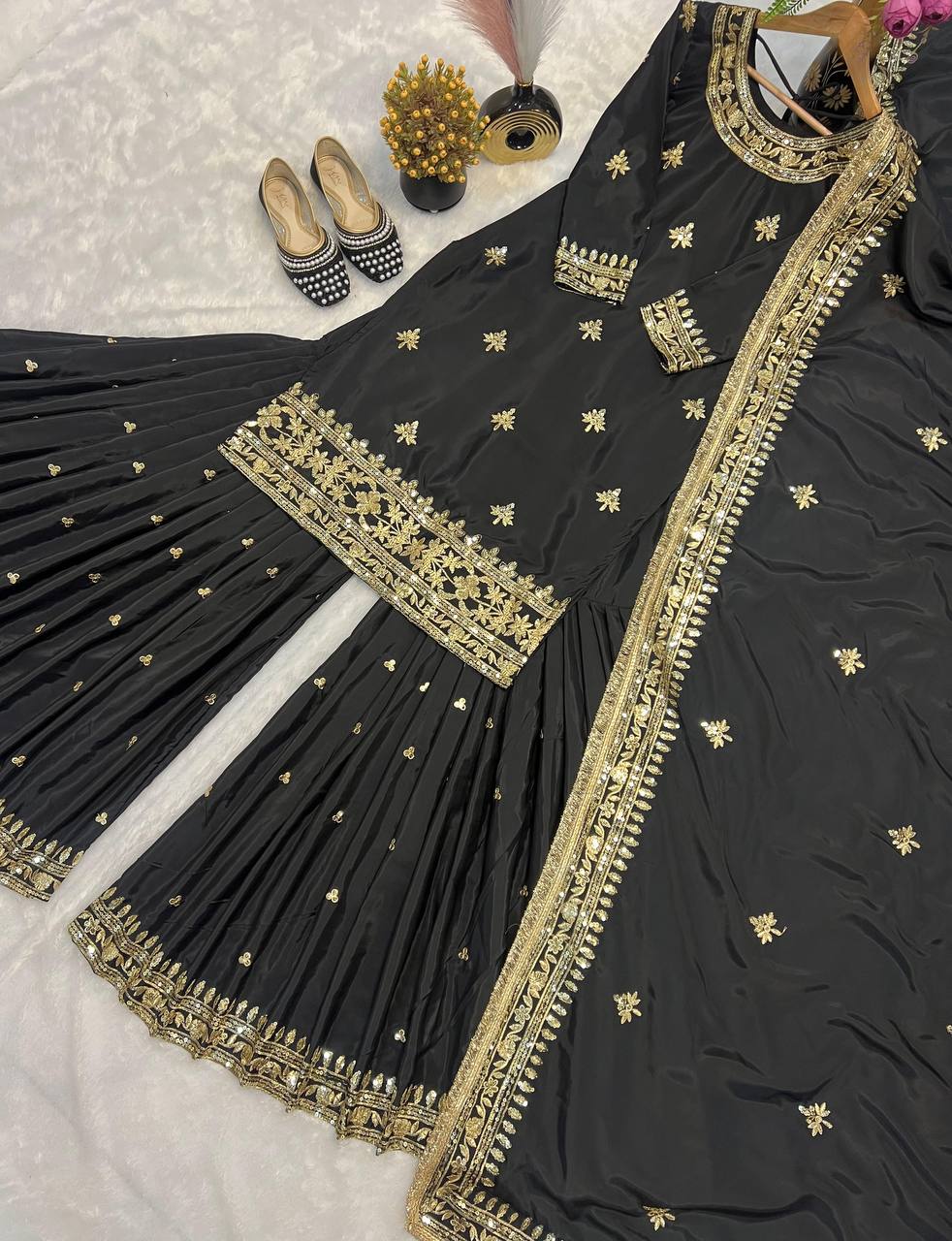 Premium Natural Crepe Top, Sharara Plazzo & Dupatta